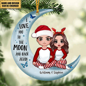Christmas Doll Couple Sitting Hugging On Moon Christmas Gift Personalized Acrylic Ornament