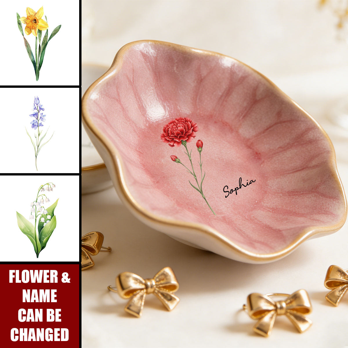 Birth Month Flower Gift For Her - Personalized Jewelry Dish