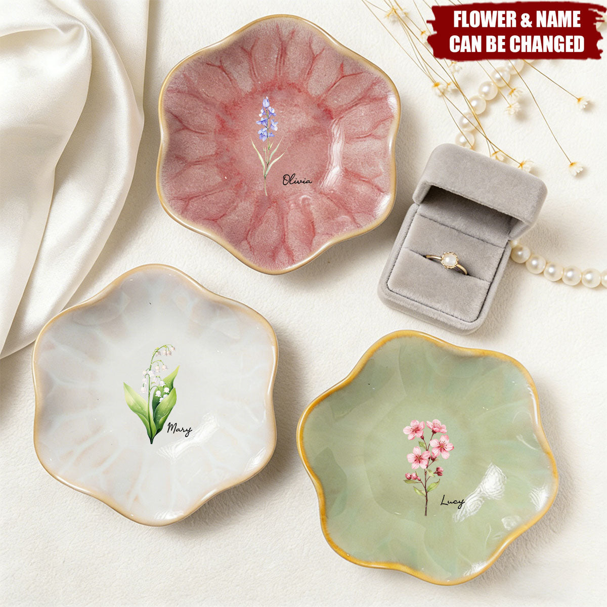 Birth Month Flower Gift For Her - Personalized Jewelry Dish