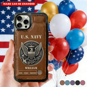 Military Card Slots 250th Anniversary Personalized US Navy Leather Wallet Phone Case