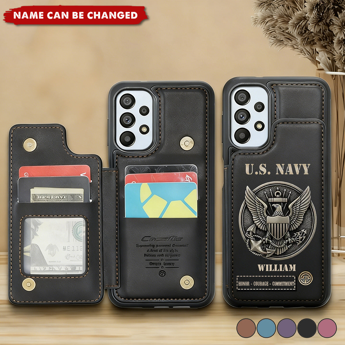 Military Card Slots 250th Anniversary Personalized US Navy Leather Wallet Phone Case