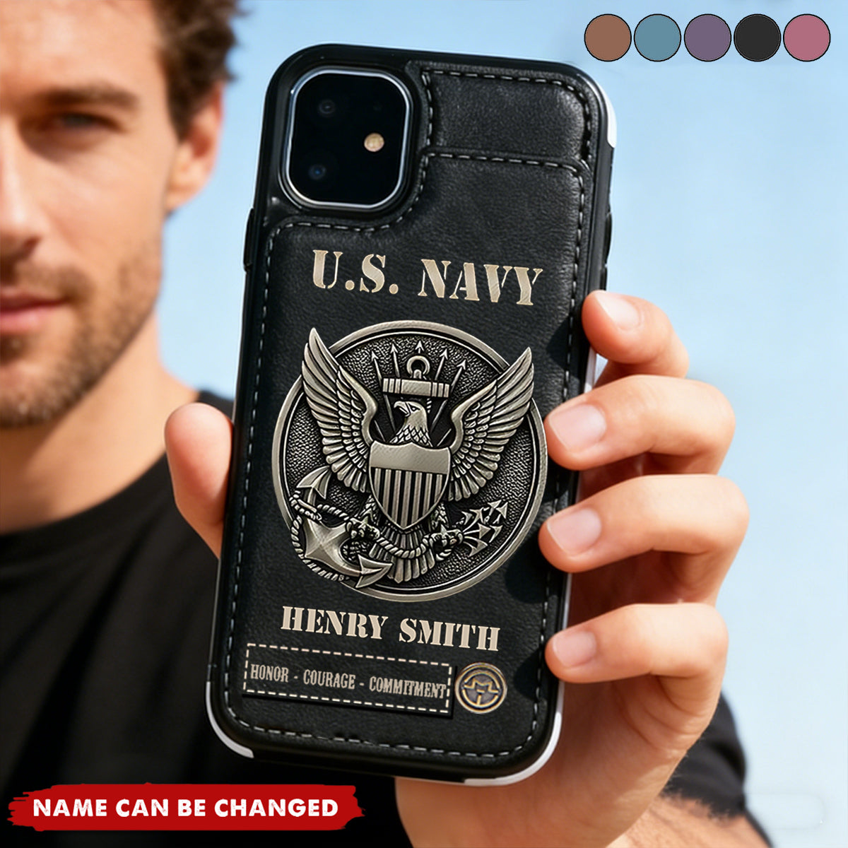 Military Card Slots 250th Anniversary Personalized US Navy Leather Wallet Phone Case