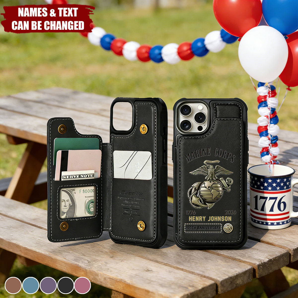 250th Anniversary Veteran Personalized Leather Wallet Phone Case - Gift for Dad, US Military Army