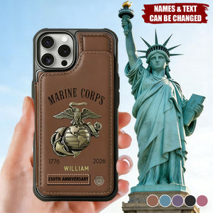250th Anniversary Veteran Personalized Leather Wallet Phone Case - Gift for Dad, US Military Army