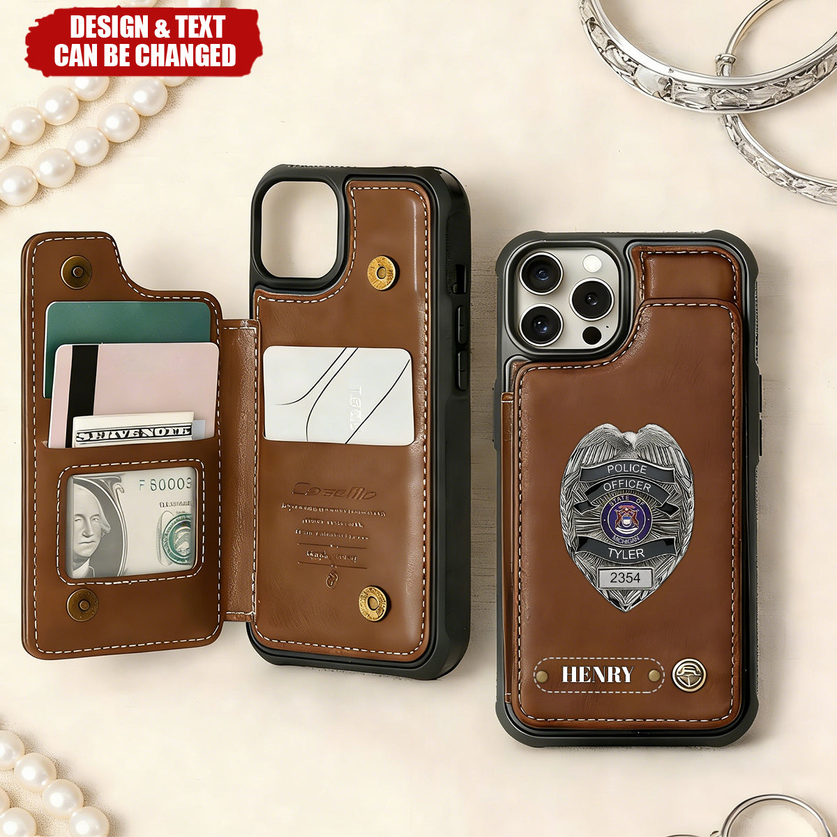 American Police Officer 250th Anniversary Personalized Leather Wallet Phone Case