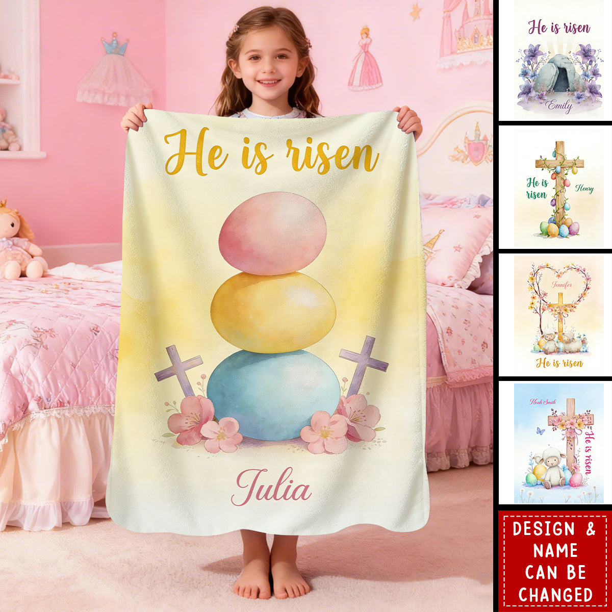 Personalized He Is Risen Cross Sheep Soft Throw Blanket - Egg Hunting Easter Gift For Kids