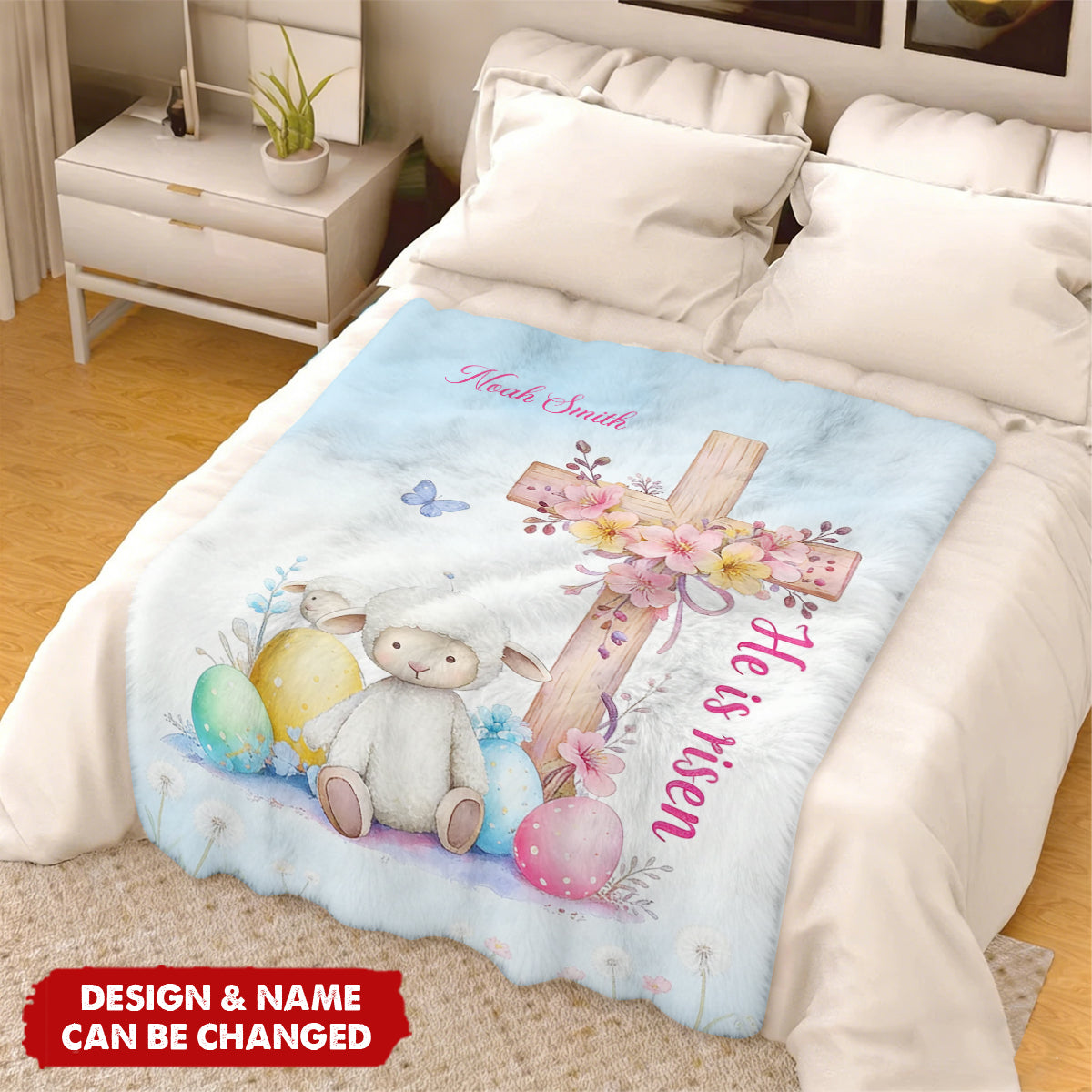 Personalized He Is Risen Cross Sheep Soft Throw Blanket - Egg Hunting Easter Gift For Kids