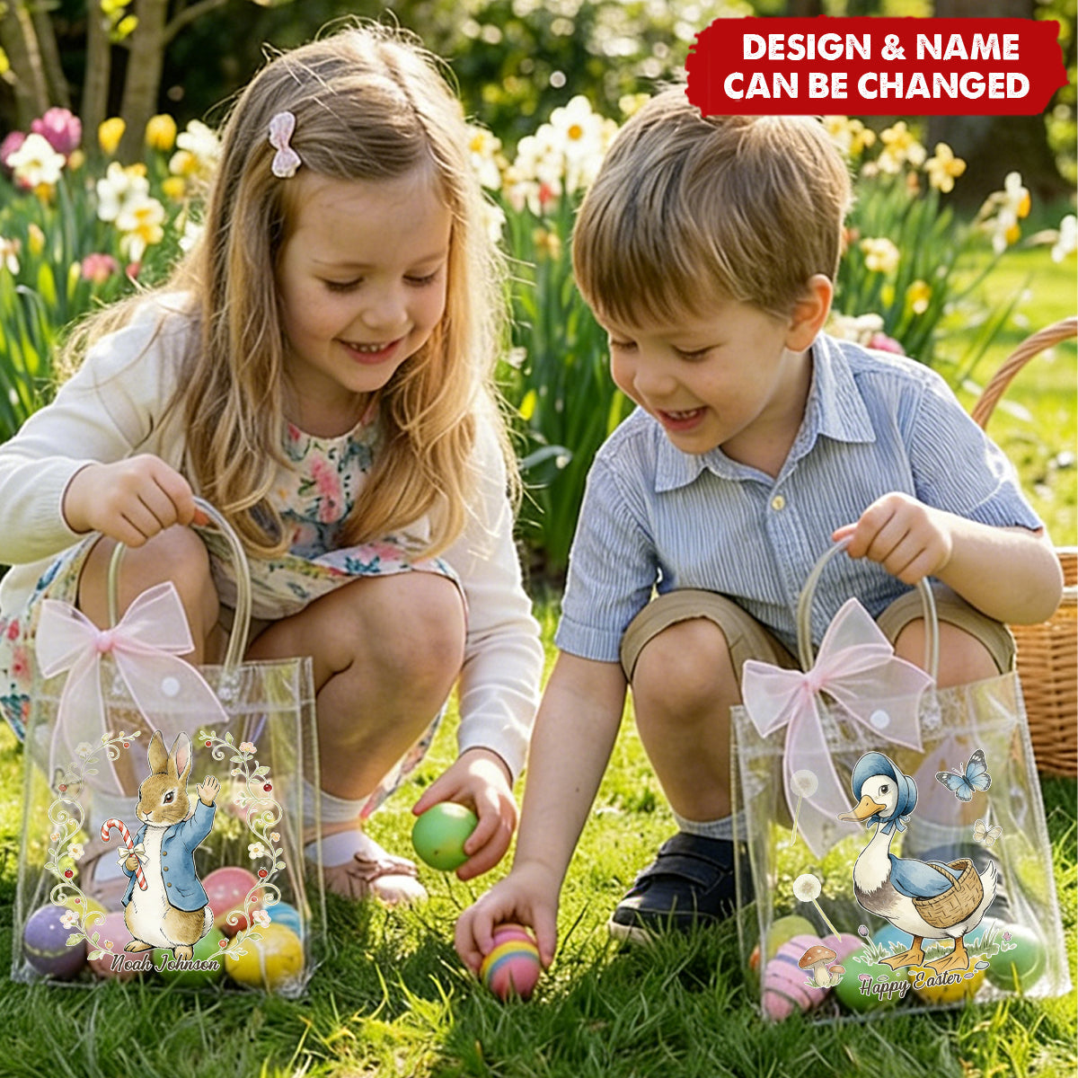 Pink Bow Ribbon Personalized Easter Rabbit Transparent Gift Bag - Easter Party Favors for Family Kids