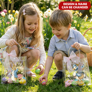 Pink Bow Ribbon Personalized Easter Rabbit Transparent Gift Bag - Easter Party Favors for Family Kids