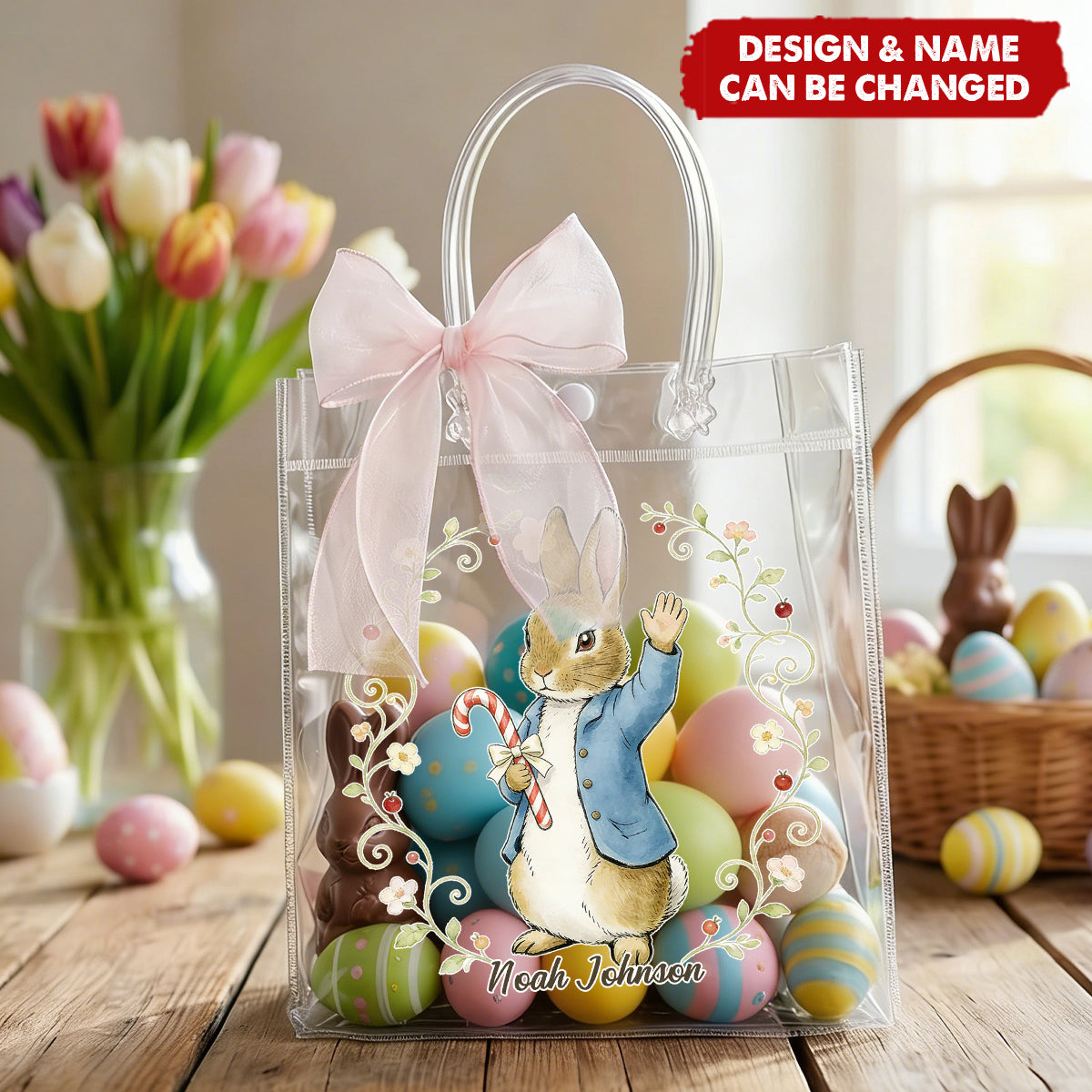 Pink Bow Ribbon Personalized Easter Rabbit Transparent Gift Bag - Easter Party Favors for Family Kids