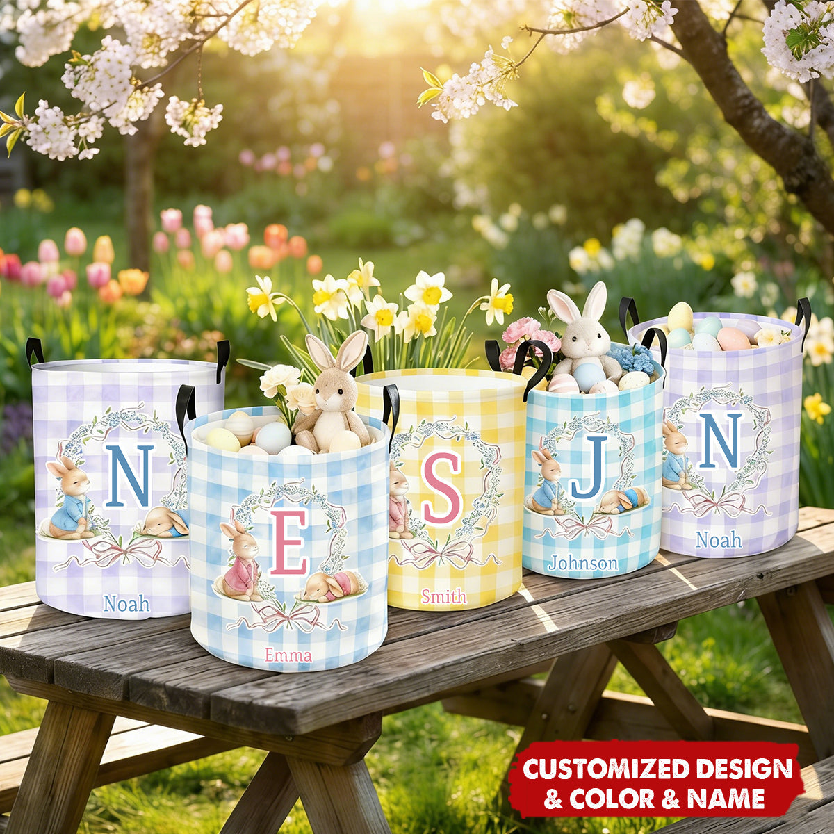 Cute Personalized Initial and Name Easter Bunny Wreath Bow Plaid Laundry Basket - Easter Day Gift for Kids