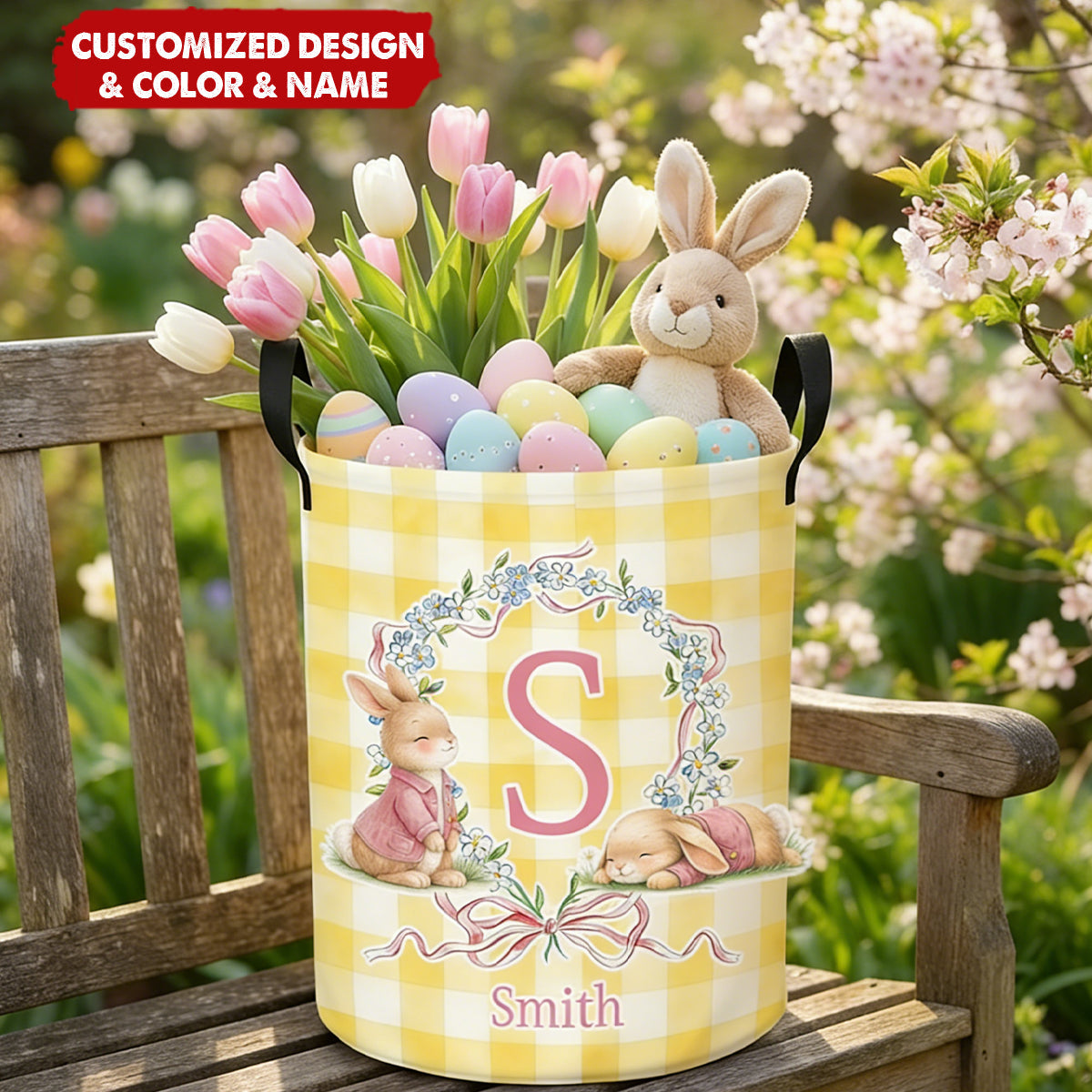 Cute Personalized Initial and Name Easter Bunny Wreath Bow Plaid Laundry Basket - Easter Day Gift for Kids