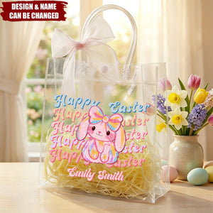 Pink Bow Ribbon Personalized Happy Easter Y2K Bunny Transparent Gift Bag - Egg Hunting Party Easter Gift for Kids