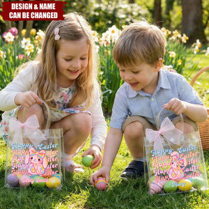 Pink Bow Ribbon Personalized Happy Easter Y2K Bunny Transparent Gift Bag - Egg Hunting Party Easter Gift for Kids