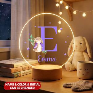 Personalized Cute Easter Bunny Initial Acrylic Night Light with Wooden Base - Easter Birthday Gift for Kids