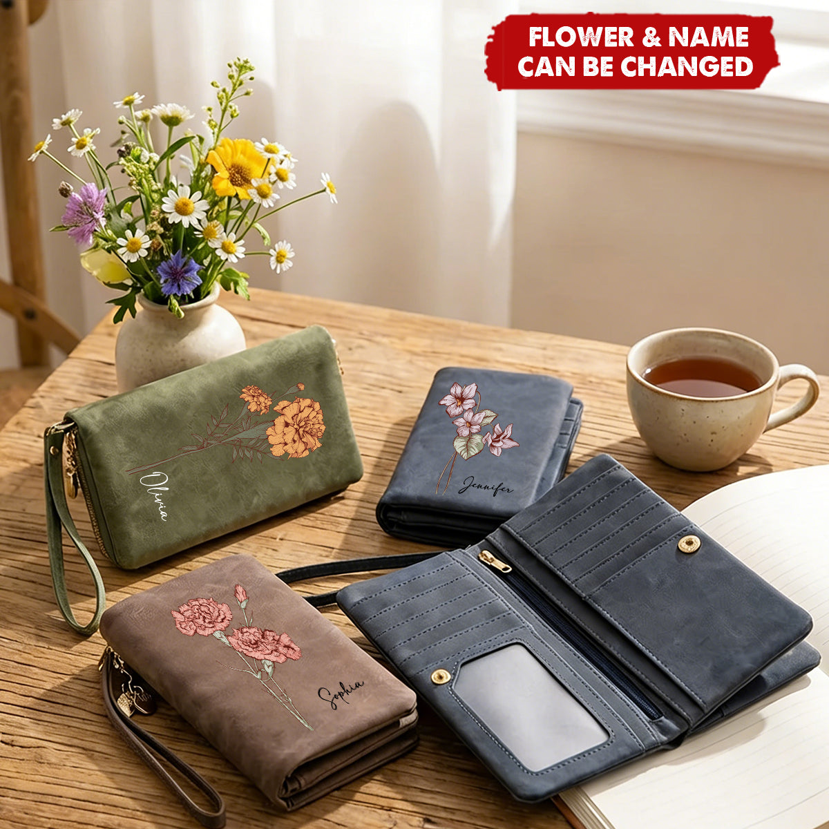 Personalized Watercolor Birth Flower Tri-Fold PU Leather Wristlet Wallet with Card Holder and Name Birthday Anniversary Gift for Women