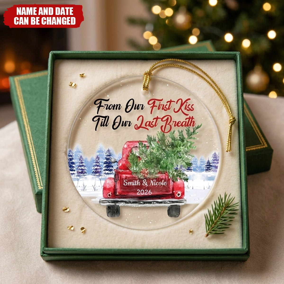 Couple Red Truck From First Kiss Heart Ornament