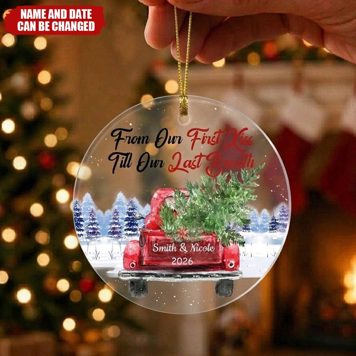 Couple Red Truck From First Kiss Heart Ornament