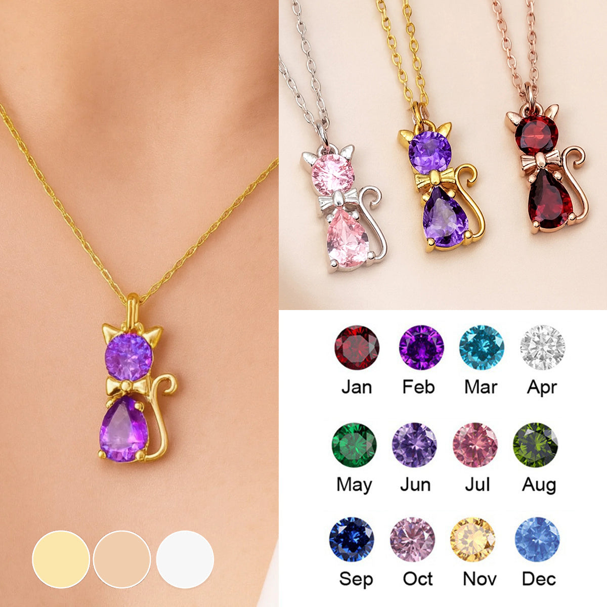 Custom Cat Bow Birthstone Necklace - Personalized Gifts For Cat Lovers