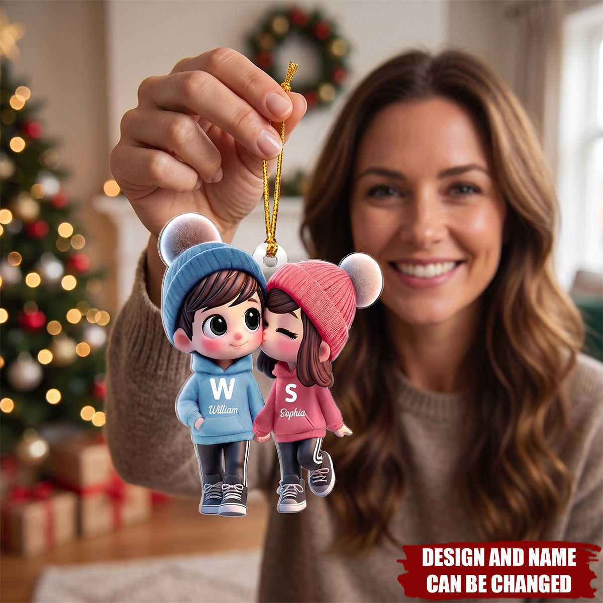 Cute Cartoon Couple Walking Personalized Acrylic Christmas Ornament