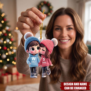 Cute Cartoon Couple Walking Personalized Acrylic Christmas Ornament