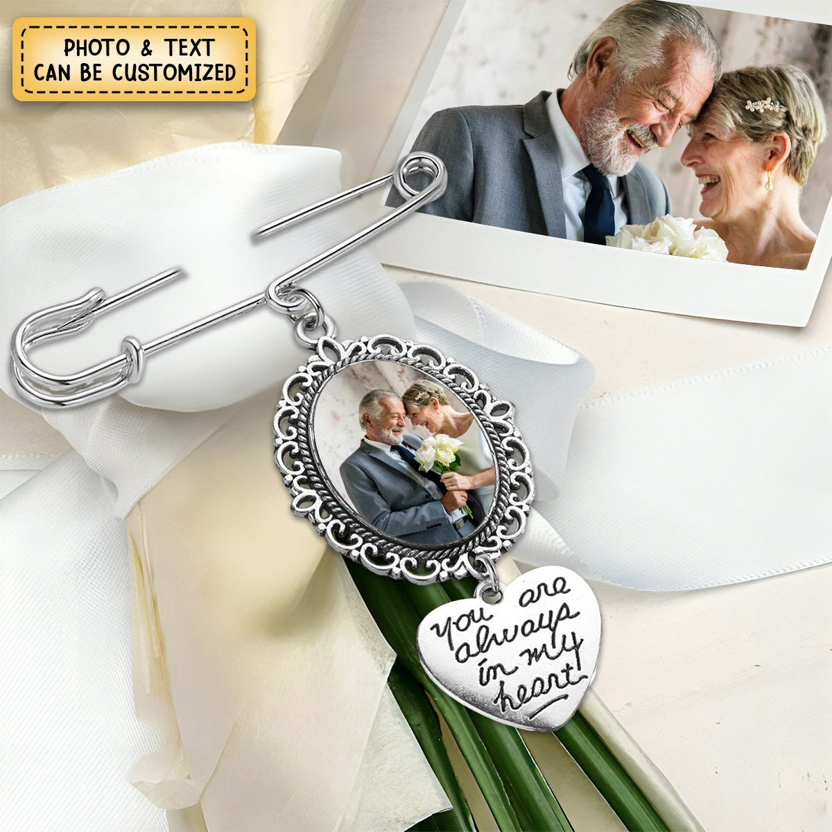 Custom Bridal Flower Bouquet Photo Charm - Personalized Wedding Memorial Pin