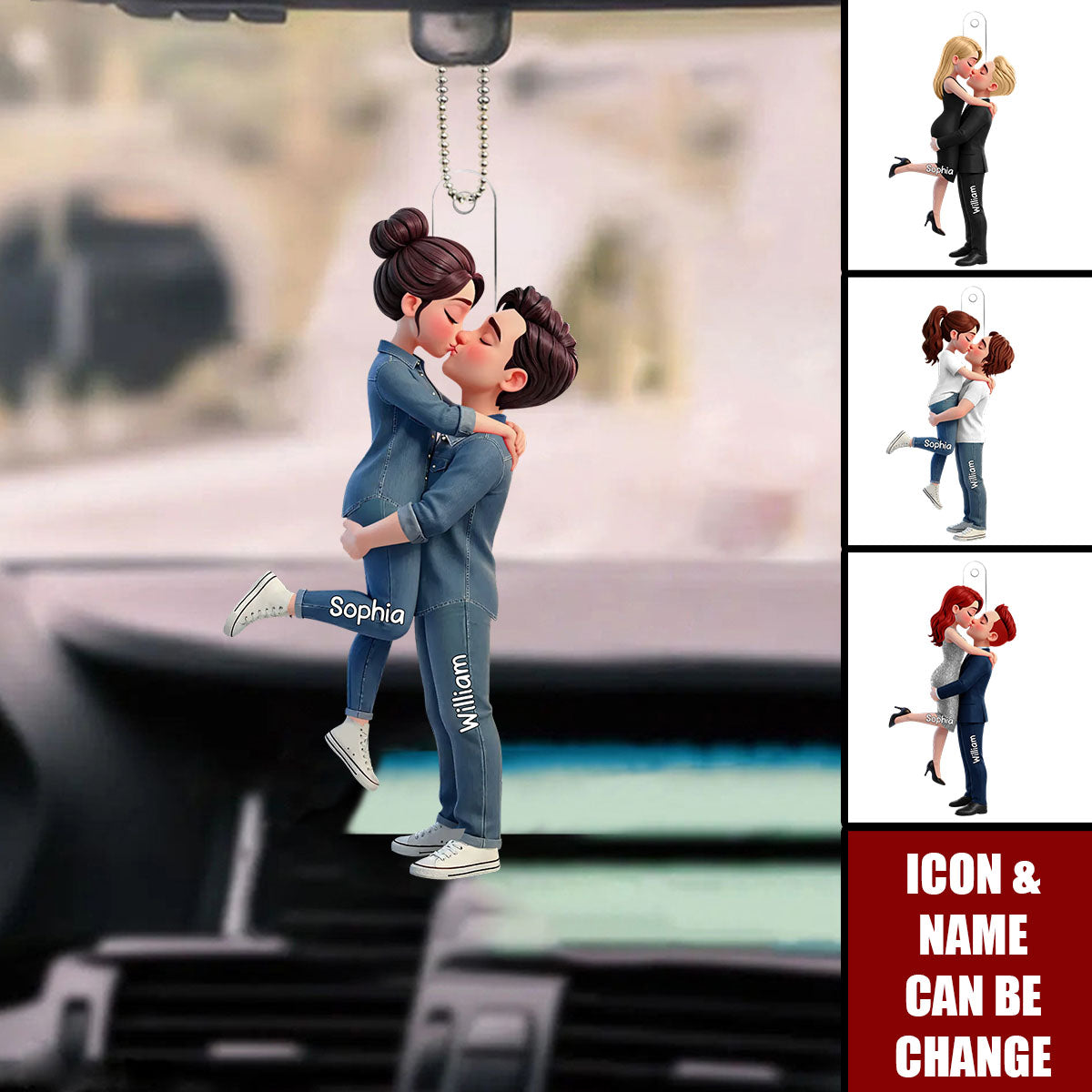 Romantic Hugging kissing Couple - Personalized 2-Layered Acrylic Car Ornament