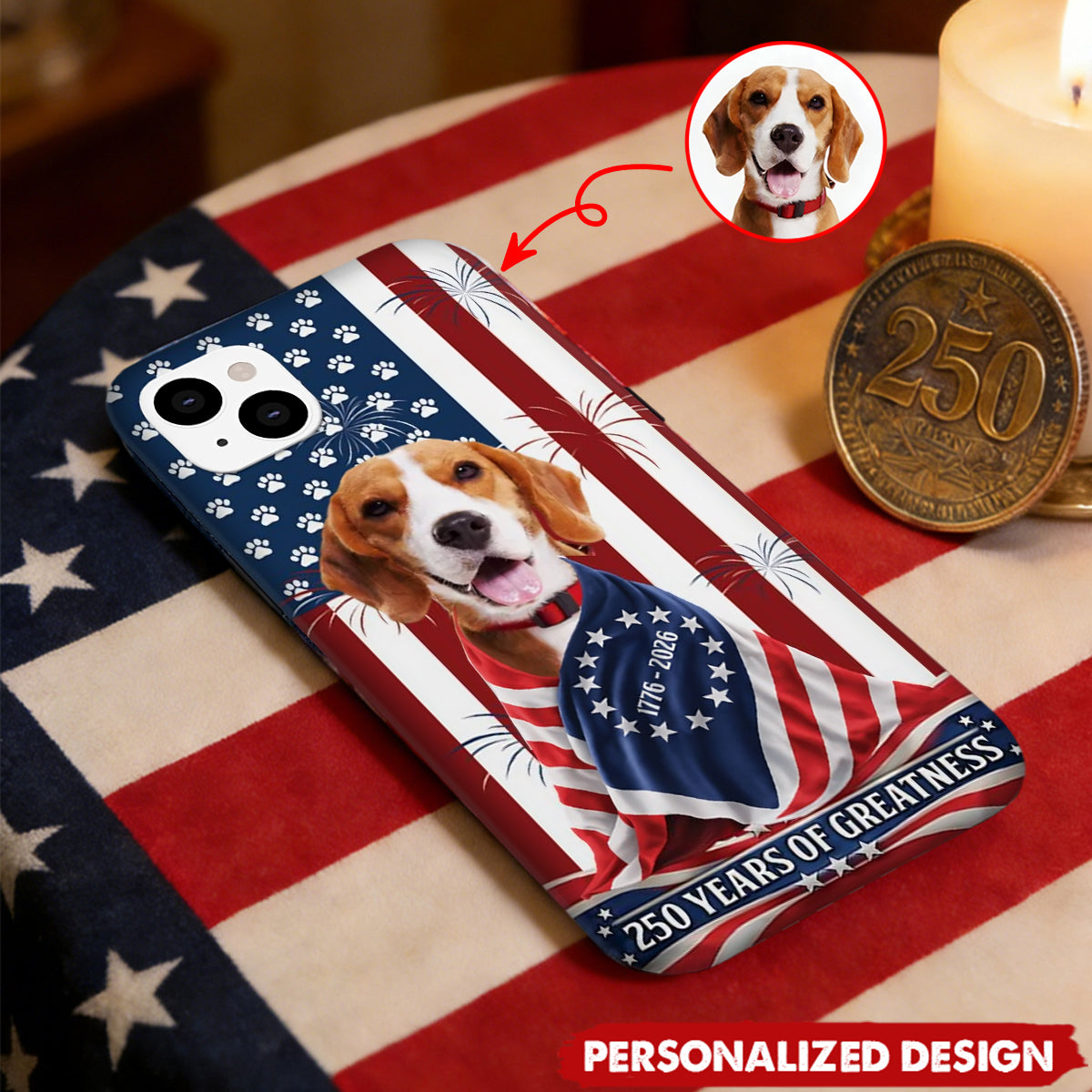 Custom Photo My Dog, Cat Loves America 250 Years Patriotic Phone Case