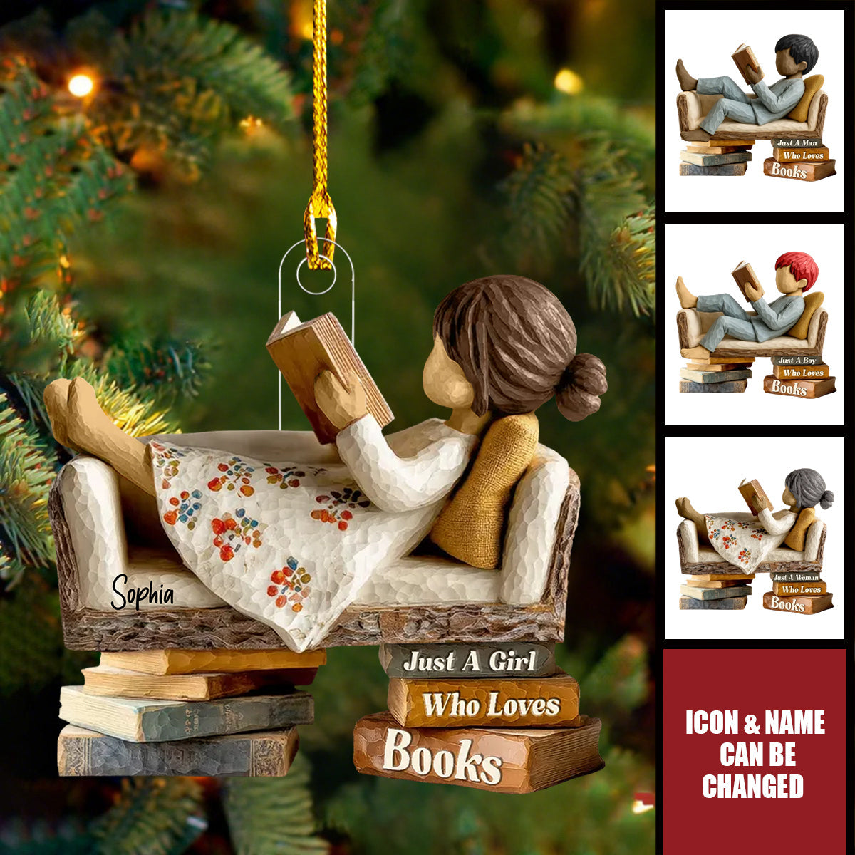 Man Woman Reading Book On Sofa - Personalized Wooden Ornament - Christmas Gift For Book Lover, Bookworm
