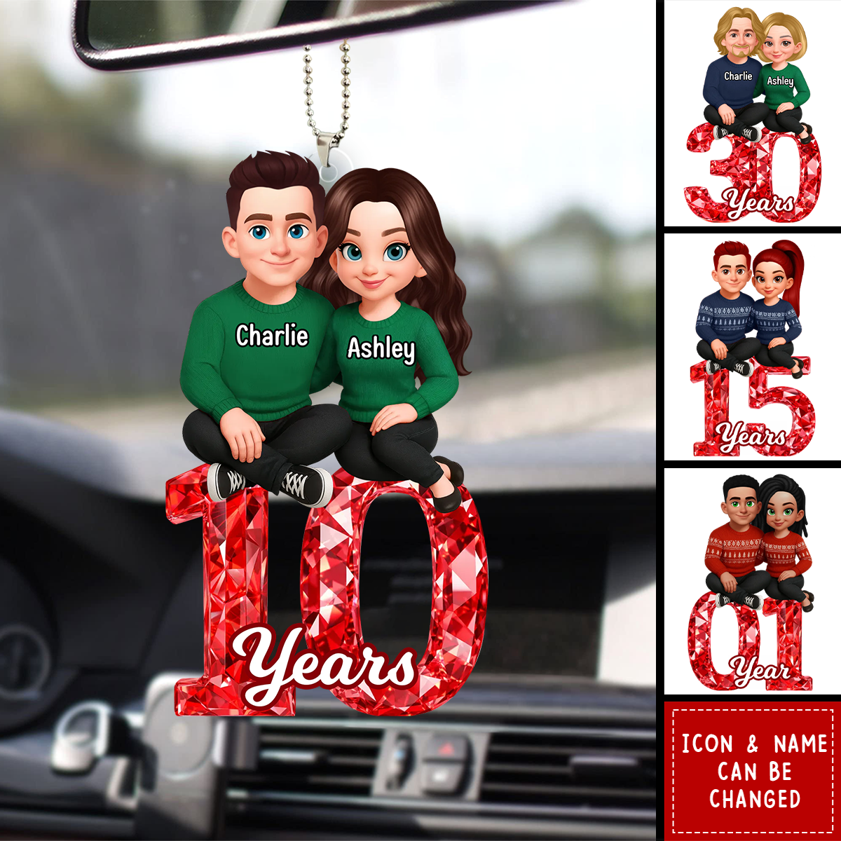 Couple Sitting Anniversary Date Crystal Effect - Personalized Acrylic Car Ornament - Sentimental Gift for Her, Gift for Him