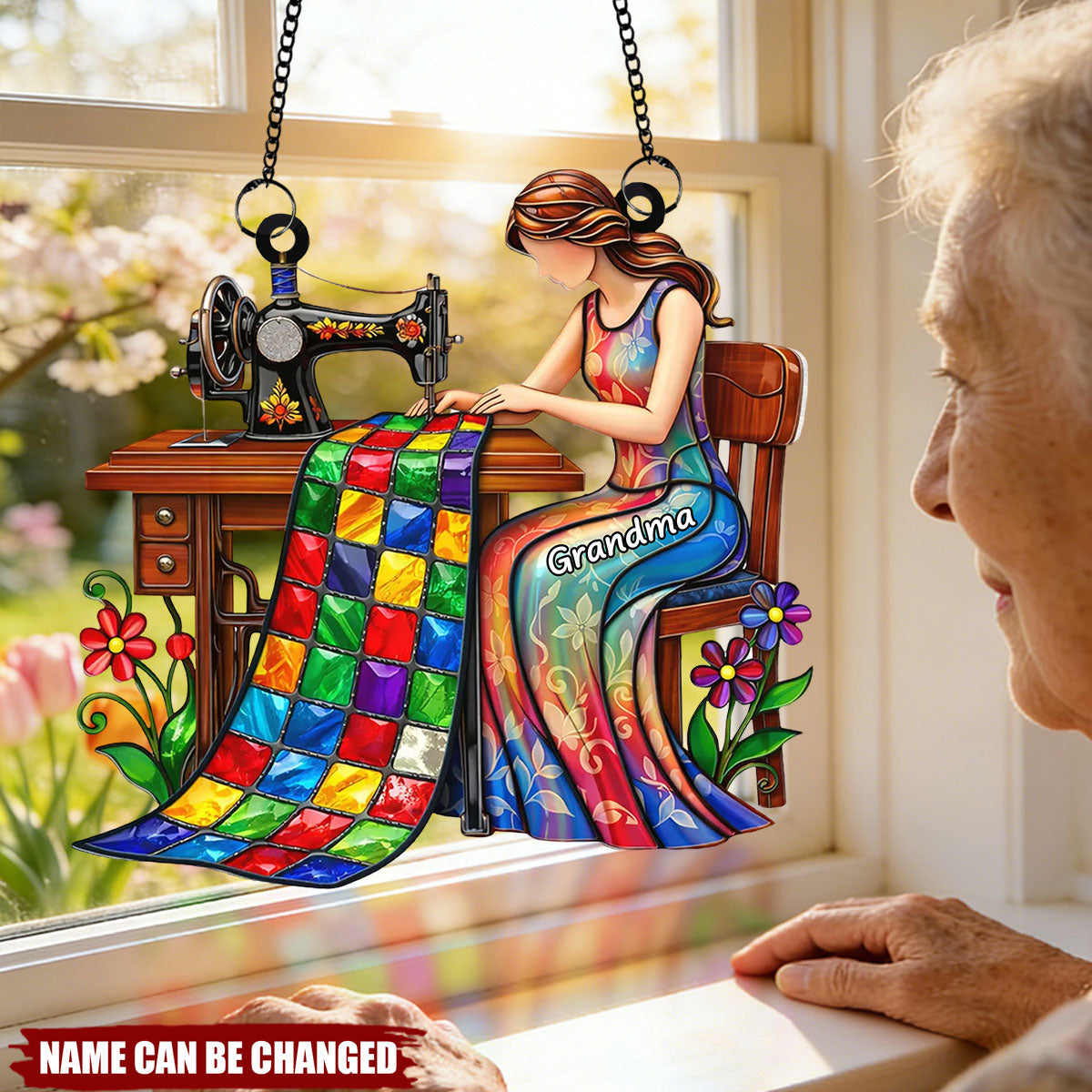 Mom Grandma Sewing Colorful Quilt - Personalized Suncatcher - Gift For Mom, Grandma