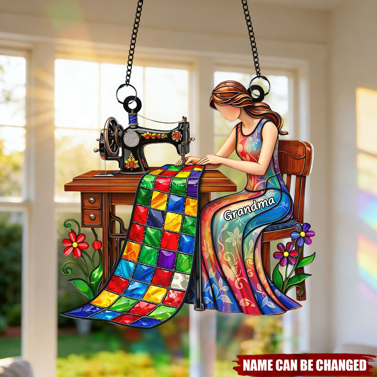 Mom Grandma Sewing Colorful Quilt - Personalized Suncatcher - Gift For Mom, Grandma
