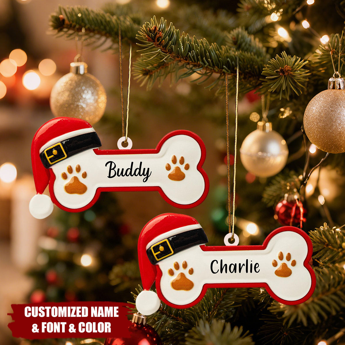 Personalized Dog Paw Pet Bone Xmas Ornament - Gift For Dog Owner