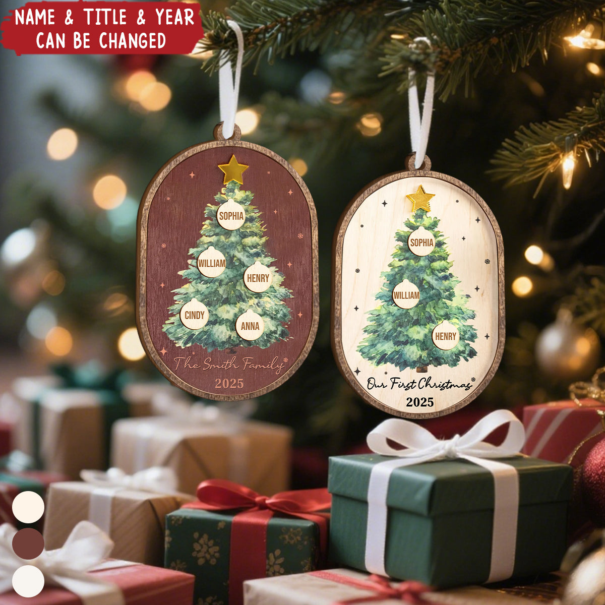 Family Christmas Tree Water Color Personalized 2-Layered Wooden Ornament