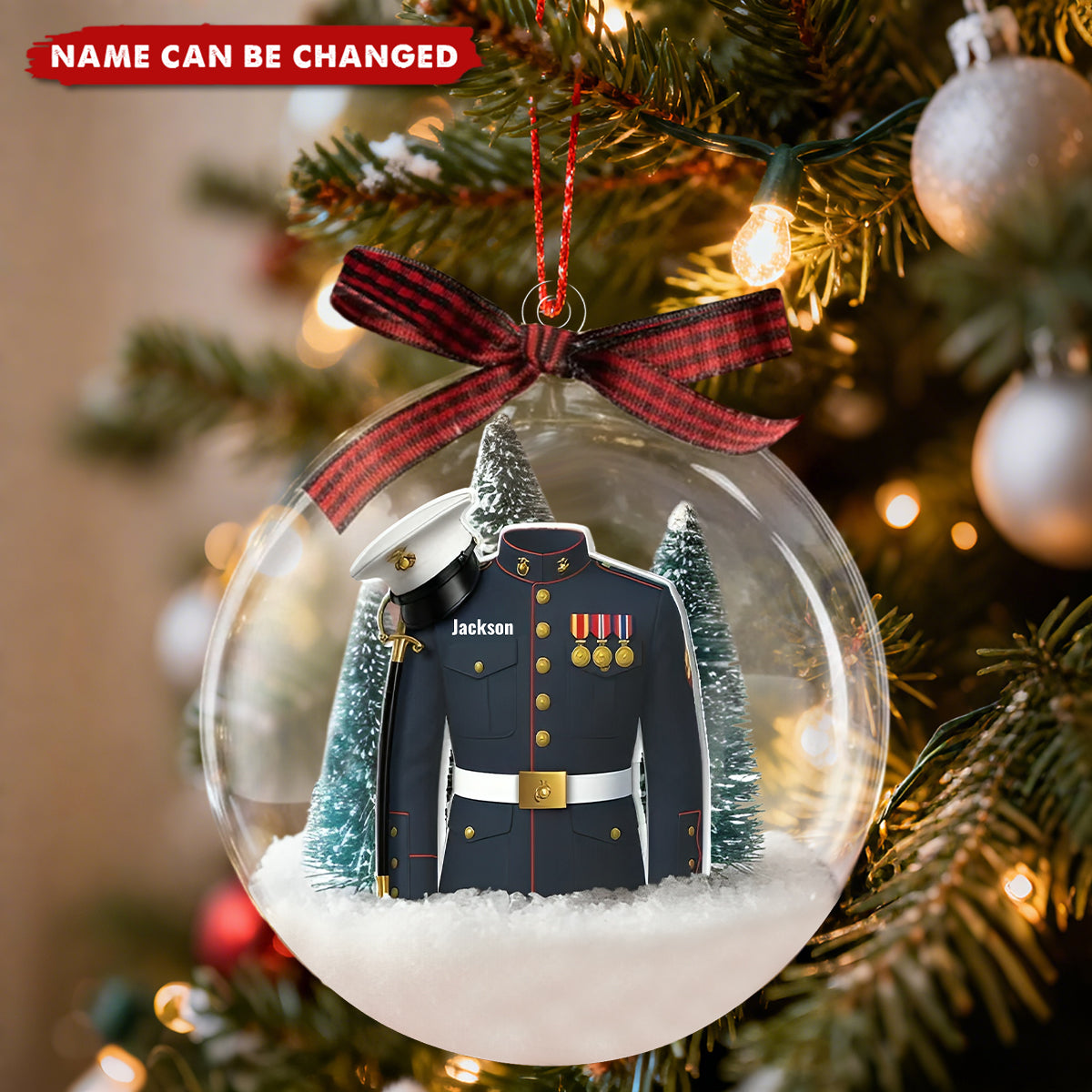 Marines Blue Dress Uniform Personalized Snow Globe Ornament - Special Christmas Military Gift