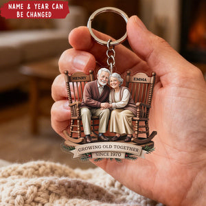 Growing Old Together Couple Sitting On Rocking Chairs Personalized Keychain