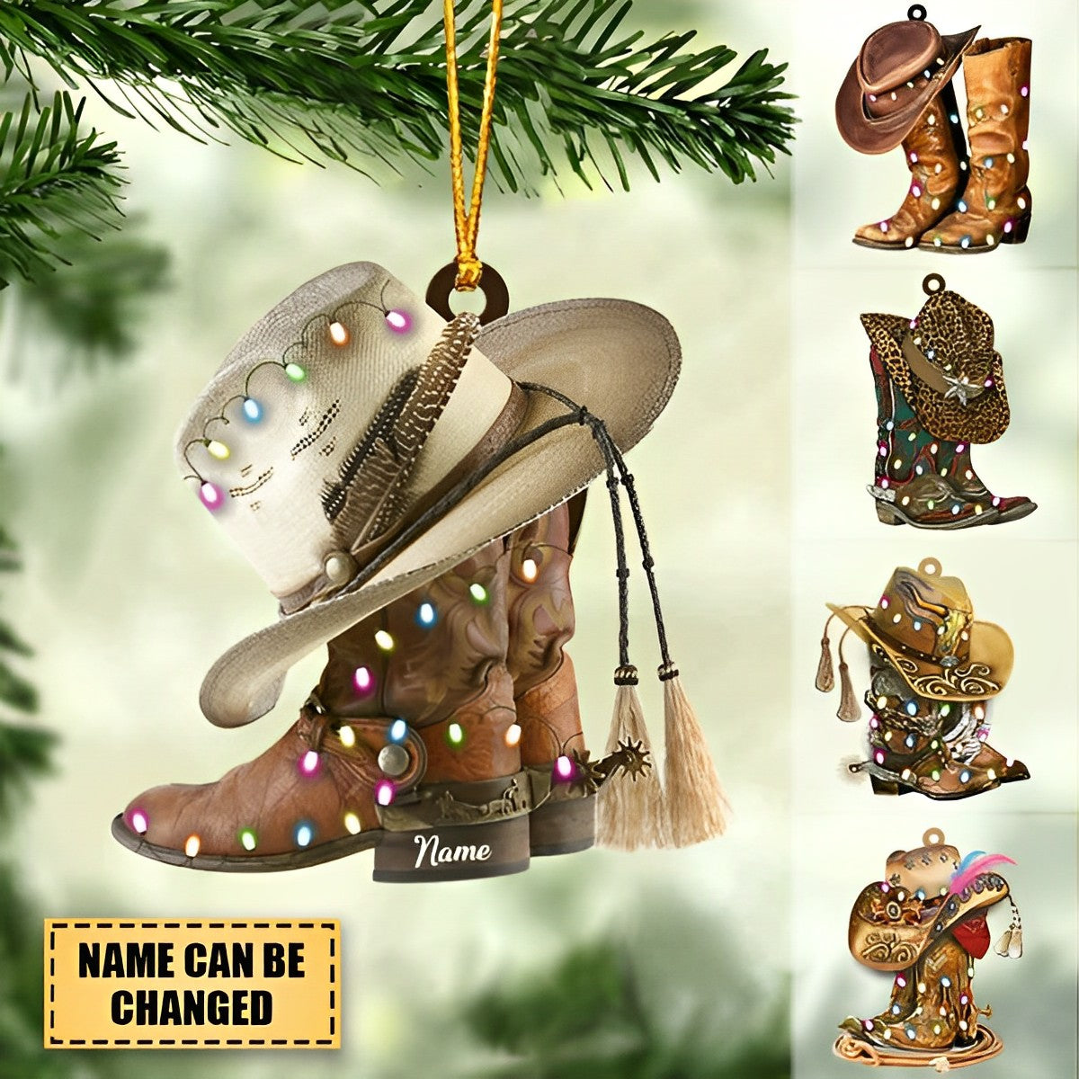 Personalized BOOTS AND HAT COWBOY Acrylic Christmas Light Ornament