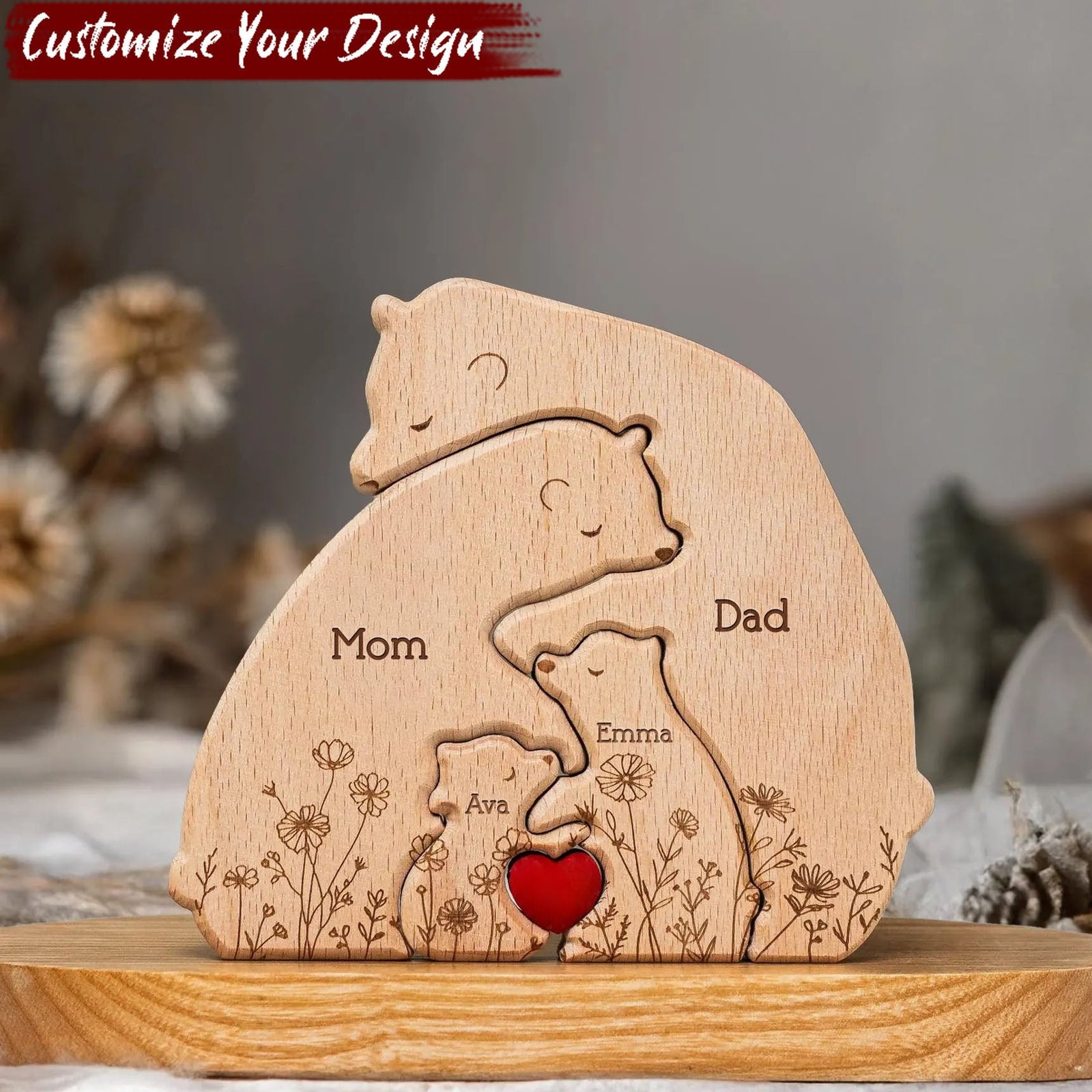 Hugging Bear Family Floral Version - Personalized Wooden Bear Family Puzzle