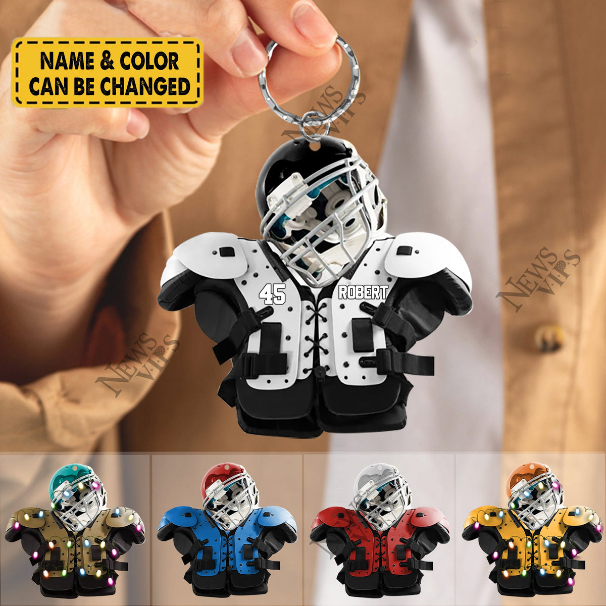 Personalized American Football Shoulder Pads with Helmet Name Shaped Keychain