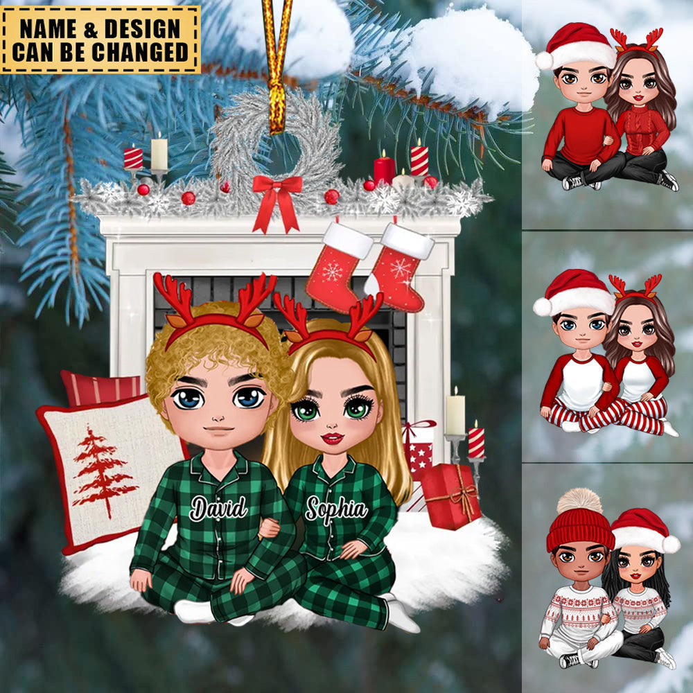 Christmas Doll Couple Sitting Hugging Personalized Custom Ornament - Christmas Gift For Couple