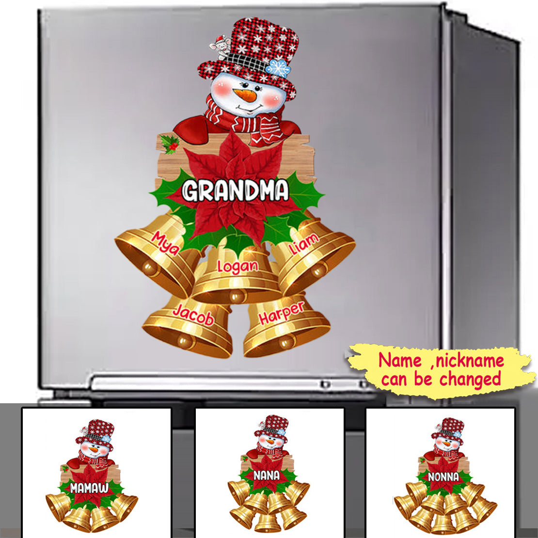Snowman Grandma Custom Nickname Names Christmas Bells Xmas Personalized Gift Decal