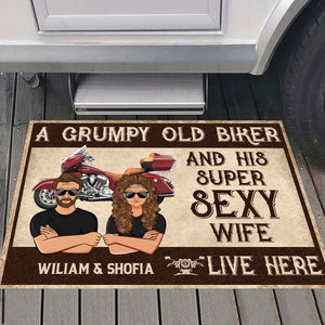 A Grumpy Old Biker And His Super Sexy Wife Live Here Motorcycle Personalized Doormat