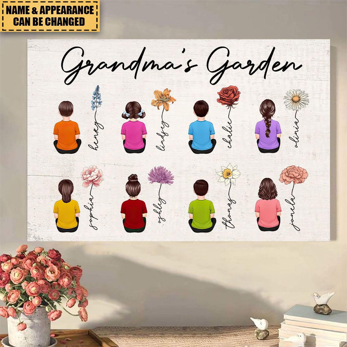 Vintage Birth Month Flowers Garden With Grandkids Names Personalized Poster, Mother‘s Day Gift For Grandma Mom Auntie