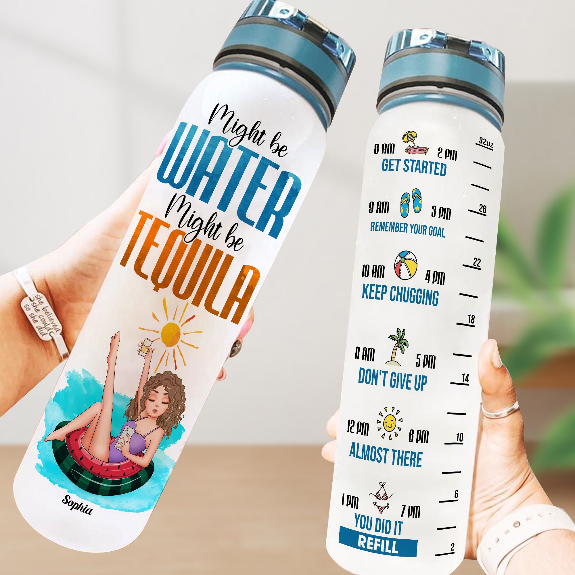 Might Be Water Might Be Tequila - Personalized Tracker Bottle - Birthday Summer Gift For Beach Lovers, Besties, Sisters, Daughters