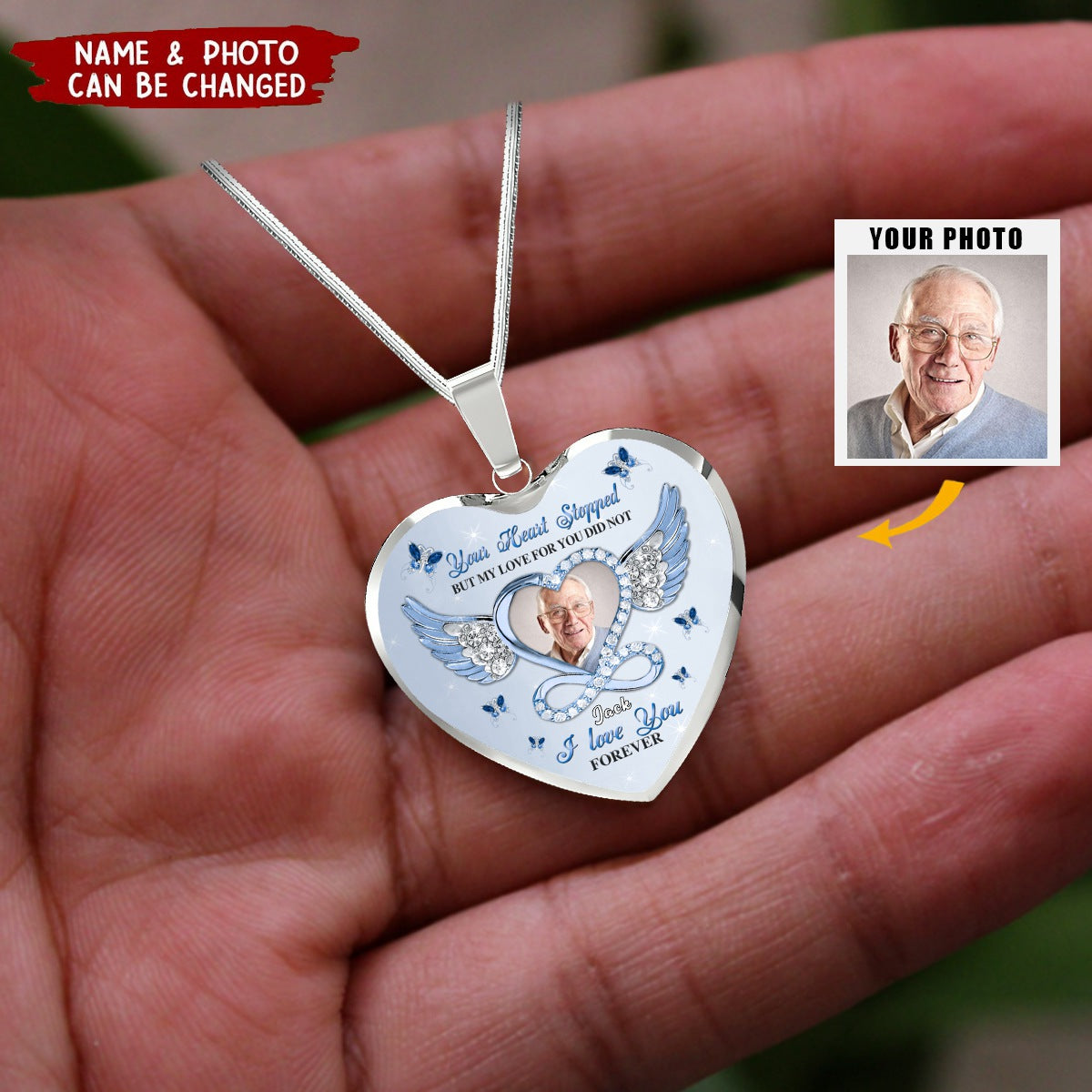 Sparkling Memorial Upload Photo Heart Wings Infinity, I Love You Forever Personalized Necklace