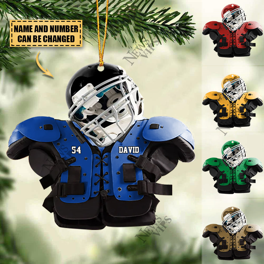 Personalized American Football Shoulder Pads with Helmet Name Shaped Christmas Ornament