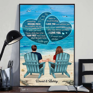 Couple Back View Sitting At Beach Text In Hearts Personalized Vertical Poster