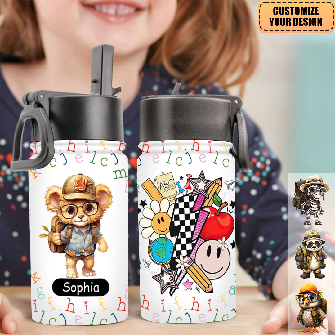 Personalized Kids Water Bottle With Straw Lid - Birthday, Back To School Gift For Student, Son, Daughter - Animal World
