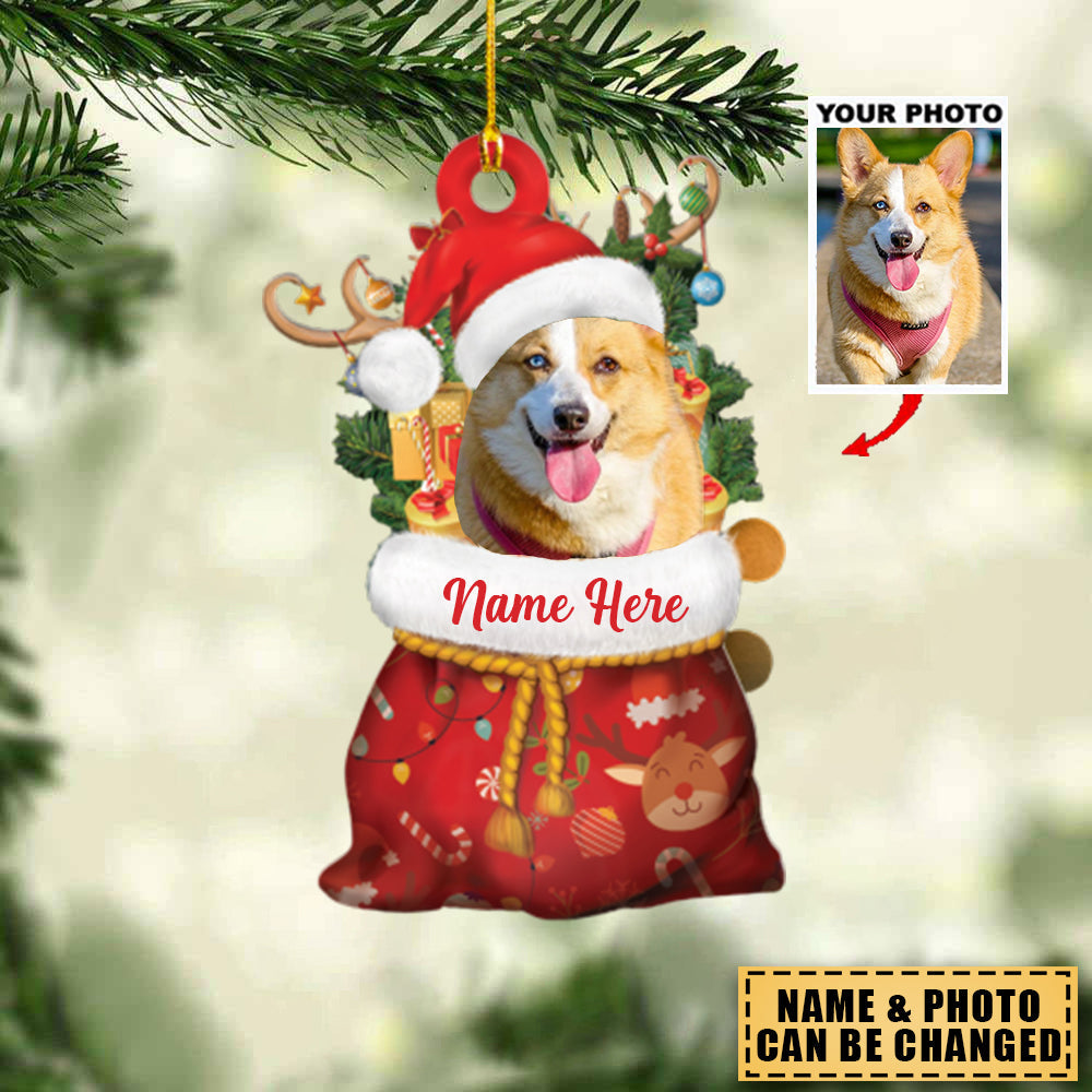 Personalized Pet Photo Santa Sack Christmas Ornament, Pet With Christmas Hat And Antlers Gift For Christmas, Holiday Decor, Personalize Pet Photo And Name