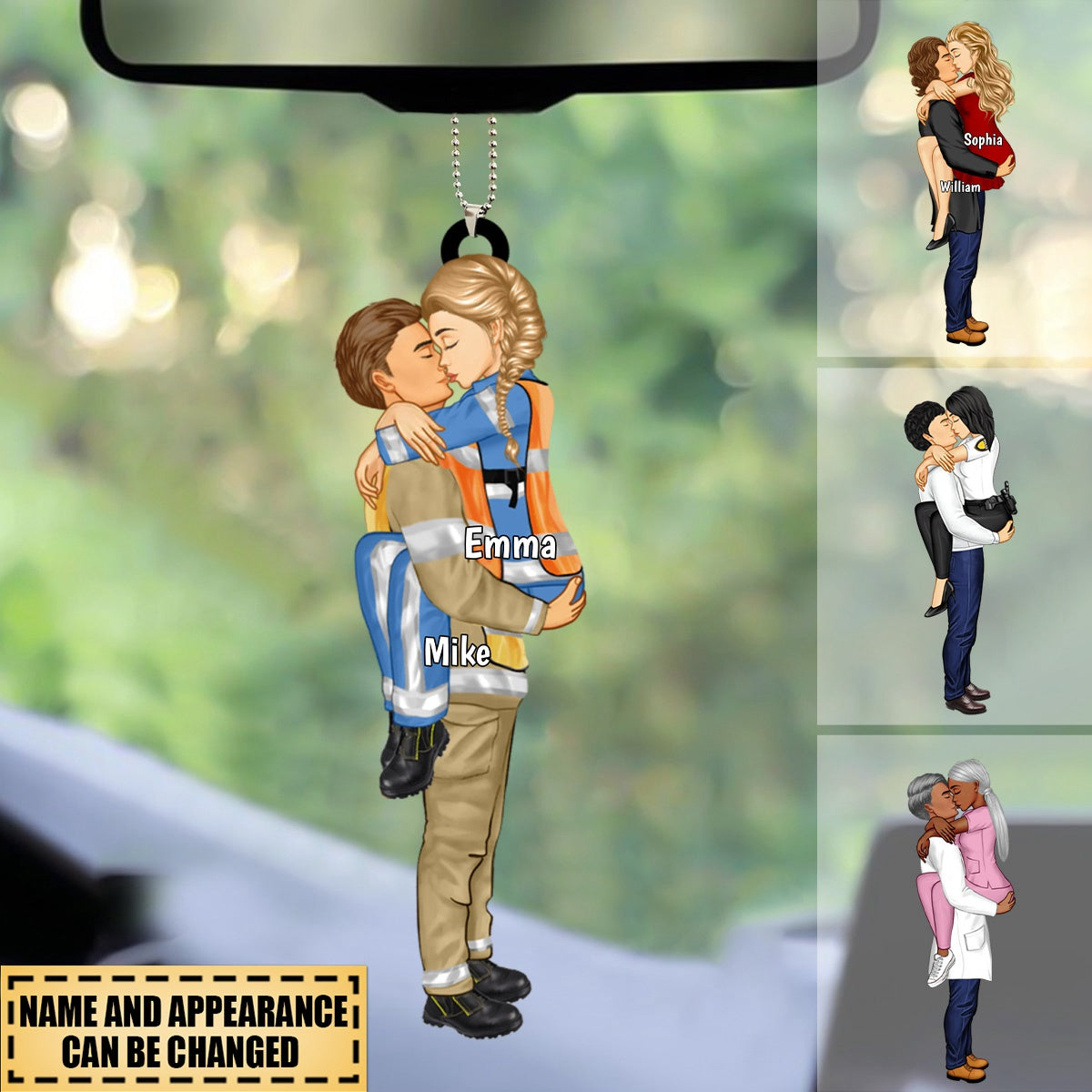 Personalized Car Ornament, Couple Portrait, Firefighter, Nurse, Police Officer, Teacher, Gifts by Occupation